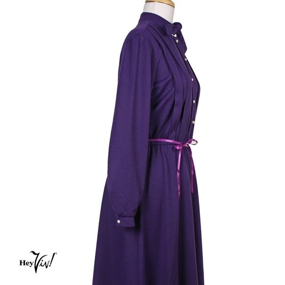 Vintage Purple Knit Dress Long Sleeve Pearl Buttons Beege Tag Size M/L - Hey Viv - Picture 3 of 6